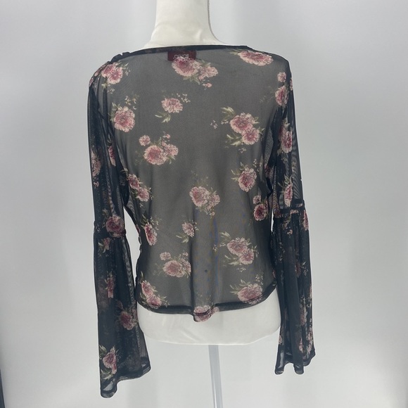Bongo sheer romantic roses faux wrap blouse Gothic wide bell sleeve large - Picture 9 of 16